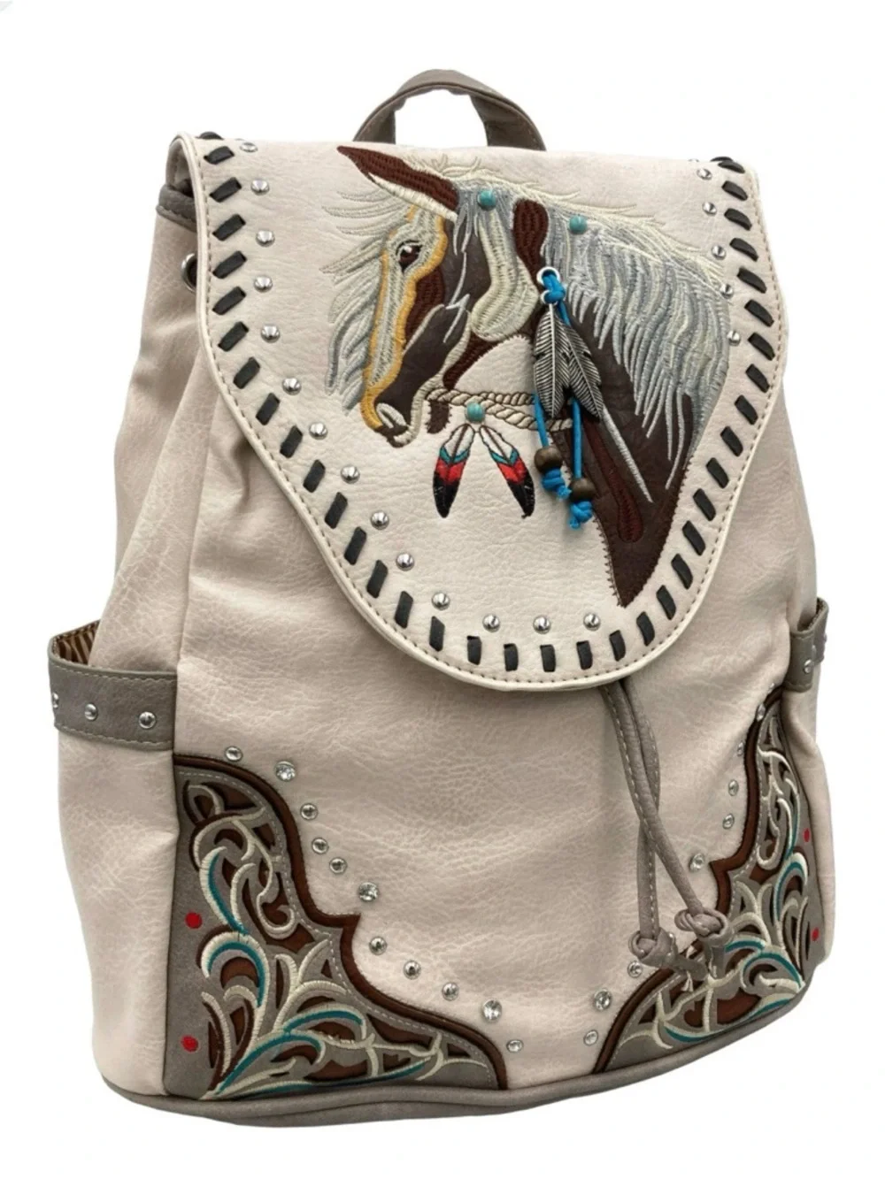 Horse Embroidered Backpack Vegan Leather 6-7 pockets